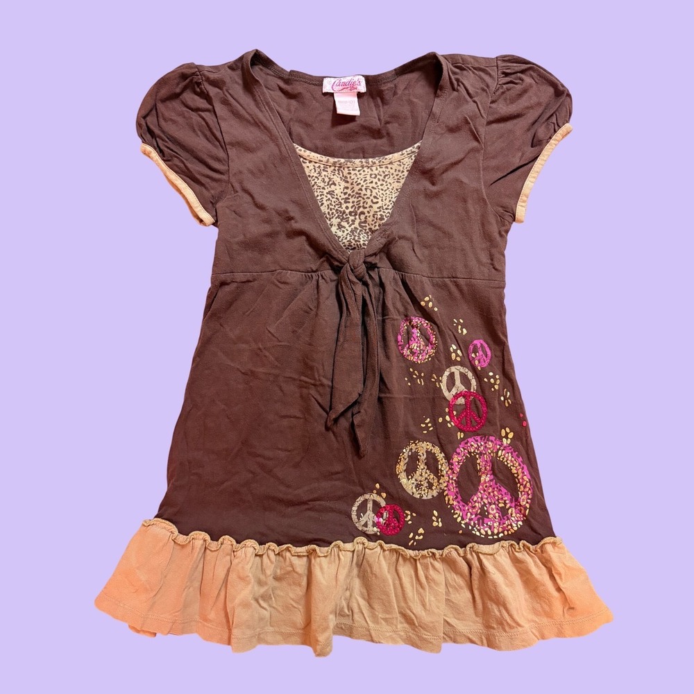 Y2K Candie Brown Peace Sign Ruffle Tunic Top Babydoll Leopard Print Scene #19